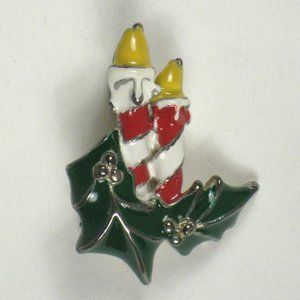 Christmas Brooch Candle Silvertone Enamel Pin Holly Pendant Candlestick 1 in